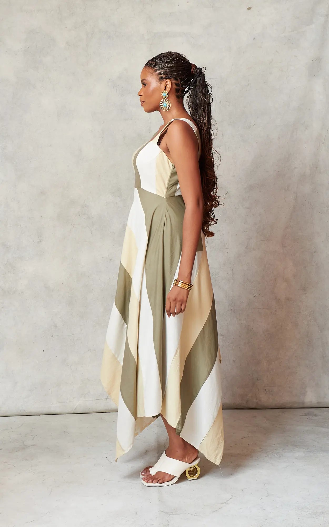 AMAKA DRESS GREEN/BEIGE/OFFWHITE