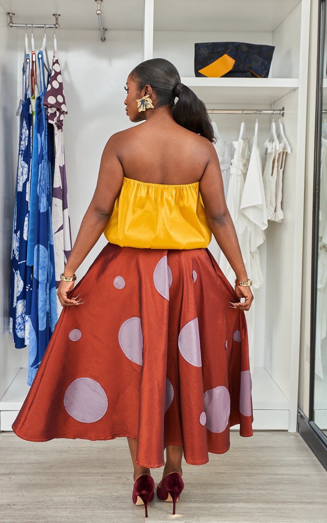 LUNA SKIRT BURNT ORANGE - MAUVE POLKA DOTS