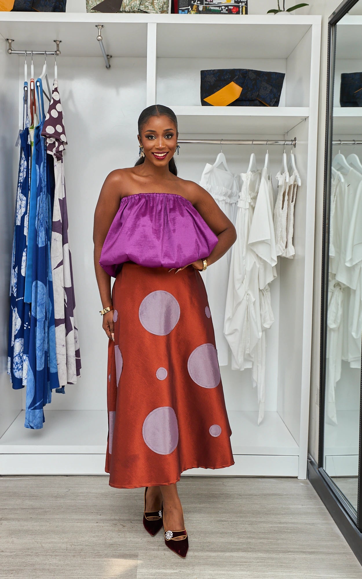 LUNA SKIRT BURNT ORANGE - MAUVE POLKA DOTS