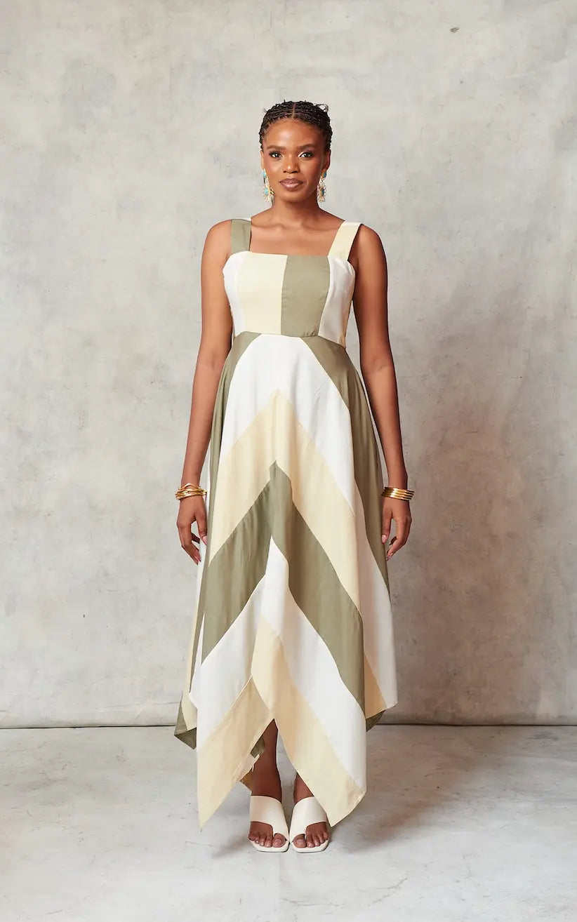 AMAKA DRESS GREEN/BEIGE/OFFWHITE