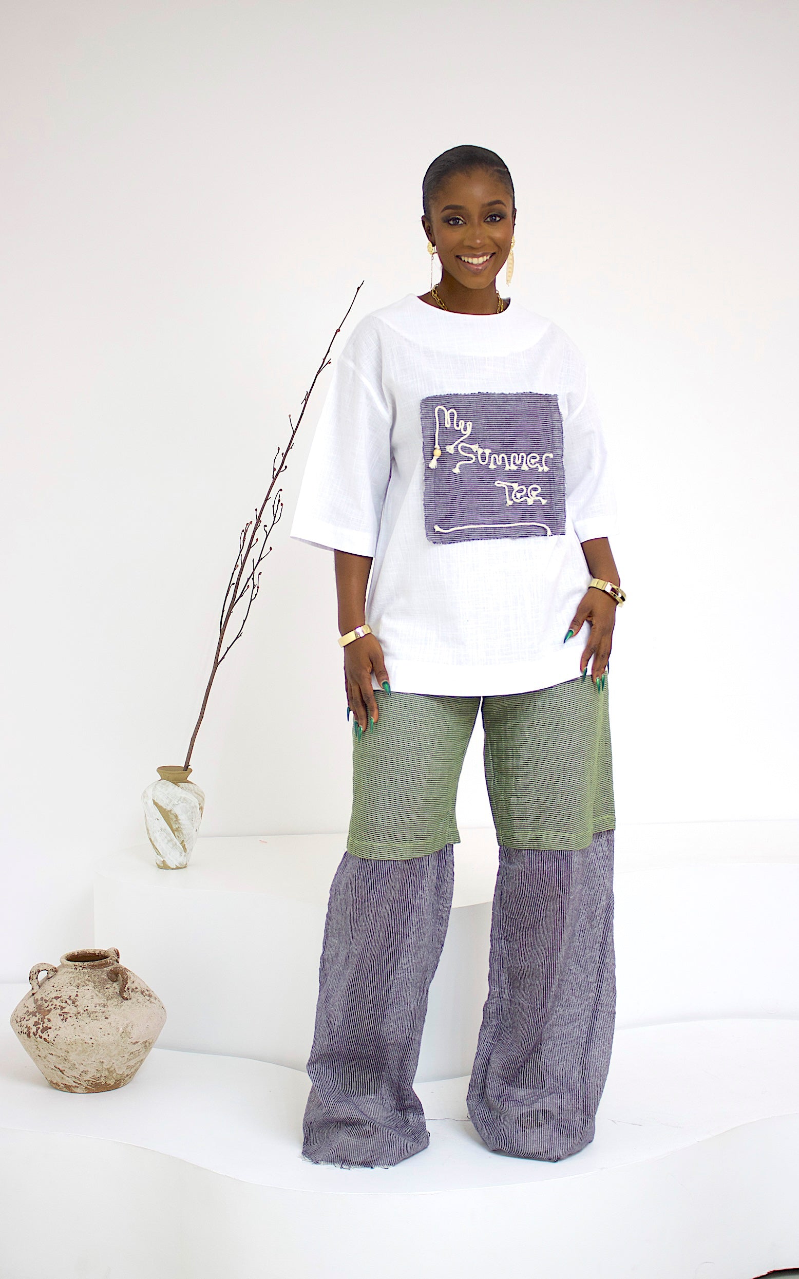 MST TROUSER SET - WHITE TOP/ BLUE/GREEN BOTTOM